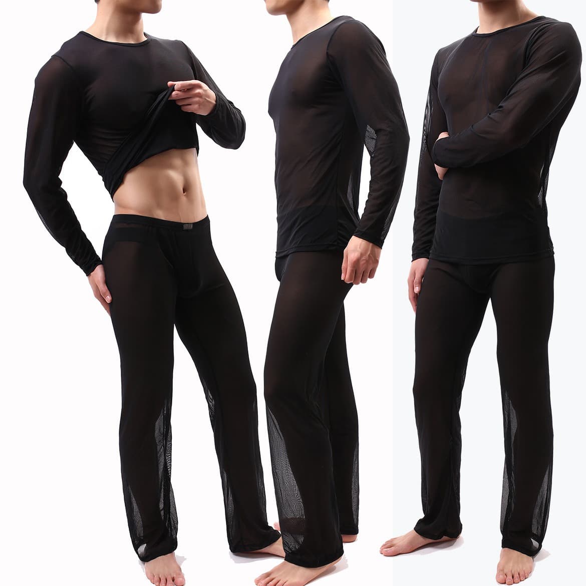 In Stock Sexy Sheer Mesh Men's Homewear Long Sleeve Top and Pants Set Sleepwear E685