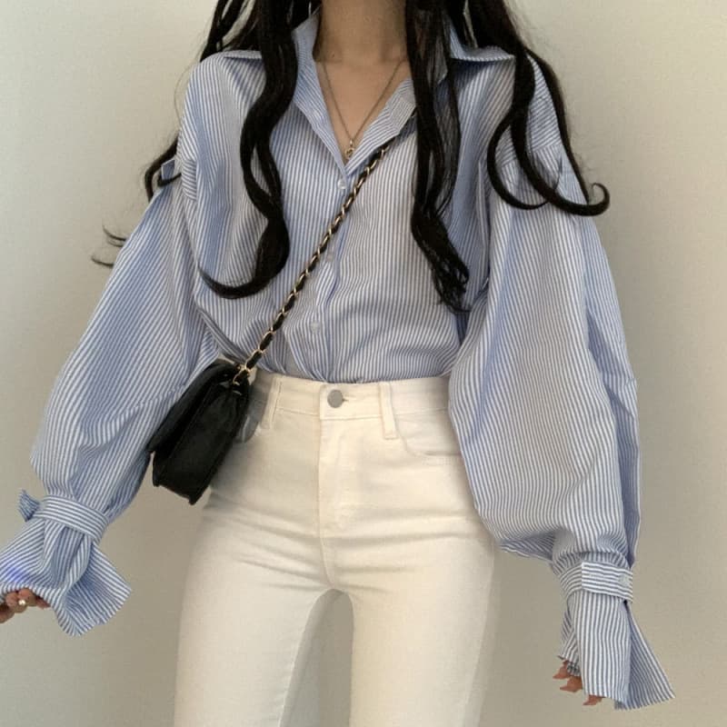 Striped Unique Blouse with Lantern Sleeves Korean Simple Style