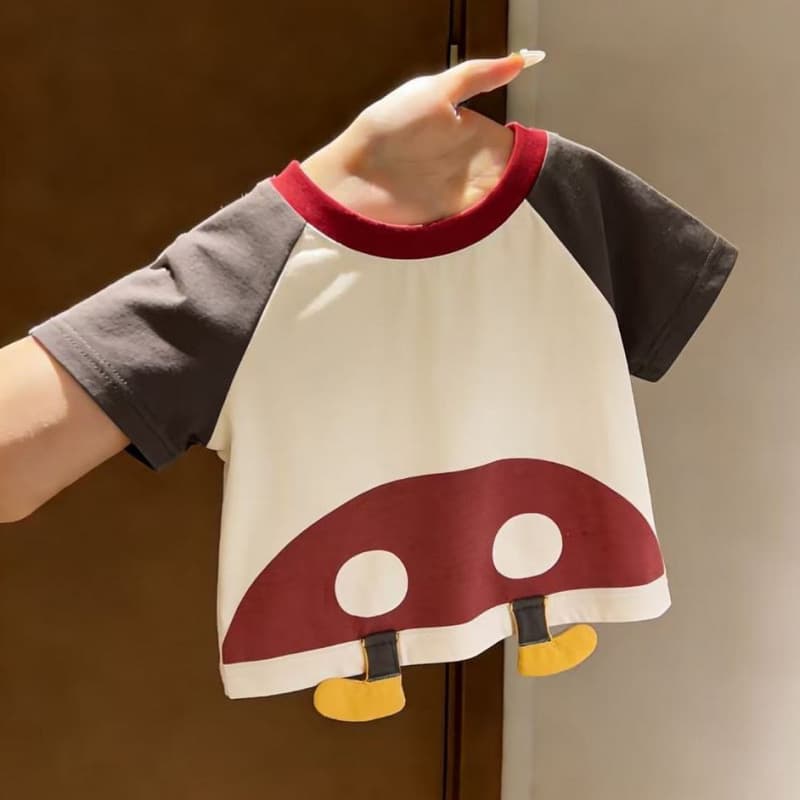 Children's short-sleeved cute three-dimensional printed mushroom spring new baby tops for boys and girls pure cotton back-to-school tops