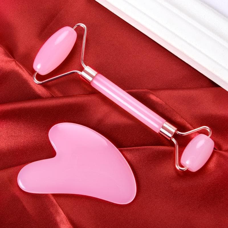Heart Shaped Pink Crystal Double Headed Roller Massager Set Jade Facial Beauty Board Cosmetic Tool Kit for Beauty And Health