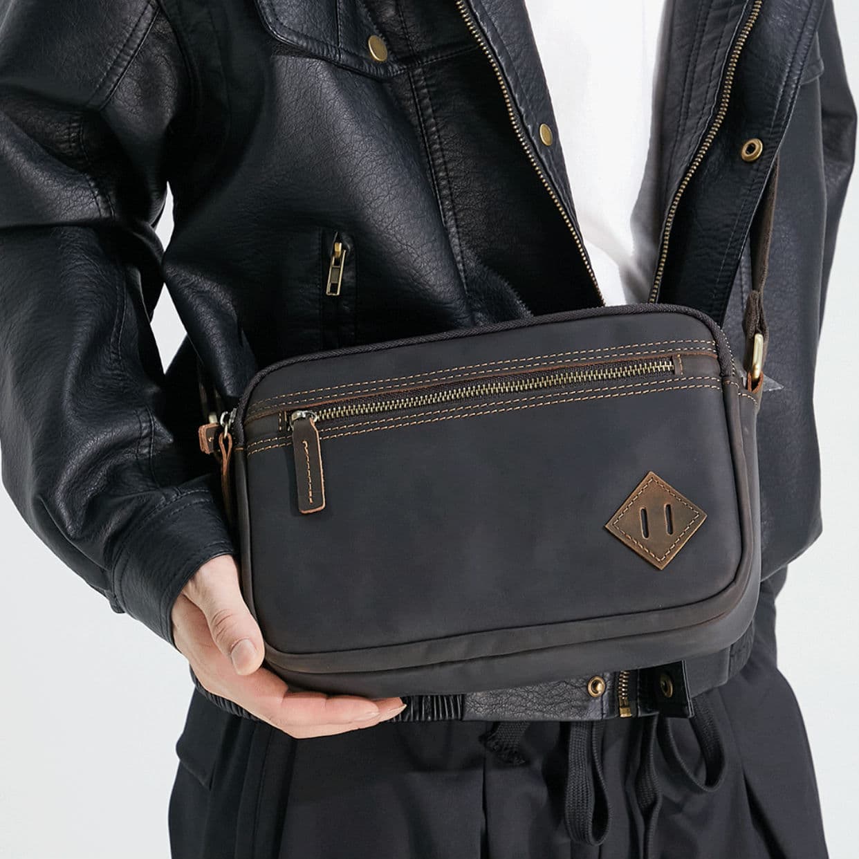 Vintage Handmade Men's Commuting Crossbody Bag Genuine Leather Backpack Casual Sling Bag Unique Top Layer Cow Leather Single Shoulder Bag