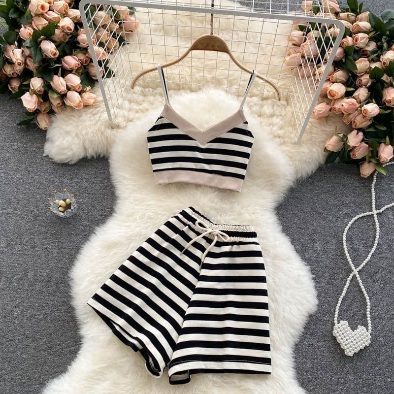 Sports suit women's summer new short suspender top versatile high-waisted wide-leg pants retro striped two-piece trendy set