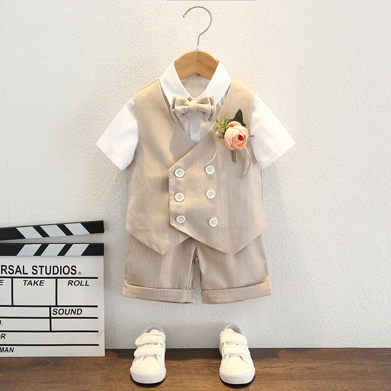 Boys' Suit Set Summer Baby First Birthday Tuxedo British Flower Girl Wedding Little Suit Piano Performance Outfit