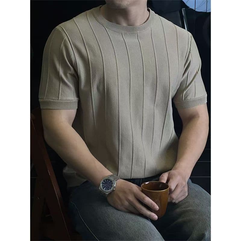 New Solid Color 2025 Short Sleeve Knit Top Round Neck Trendy Men's Versatile Pullover Half Sleeve Undershirt Casual Summer