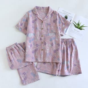 Vintage Yarn-Dyed Double-Layer Gauze Three-Piece Pajama Set for Women, Spring/Summer Short Sleeve and Shorts Loungewear, Cyan, Middle-Aged and Elderly Sleepwear Set