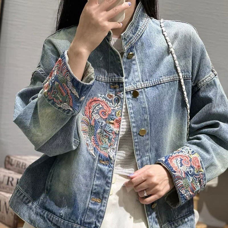 Embroidered Denim Jacket for Women Spring Autumn 2025 New Ethnic Style Long Sleeve Design Niche Short Coat Top