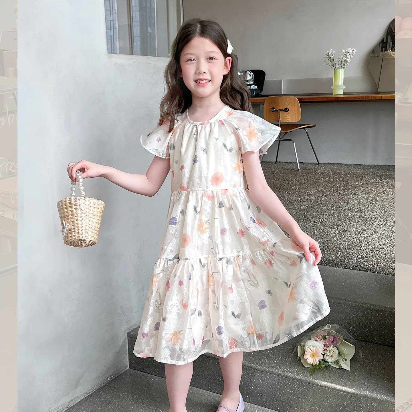 Big Kids' Internet Celebrity Floral Gauze Skirt Children's Style Short-Sleeved Long Skirt Girls Princess Dress 2025 Summer New Arrival
