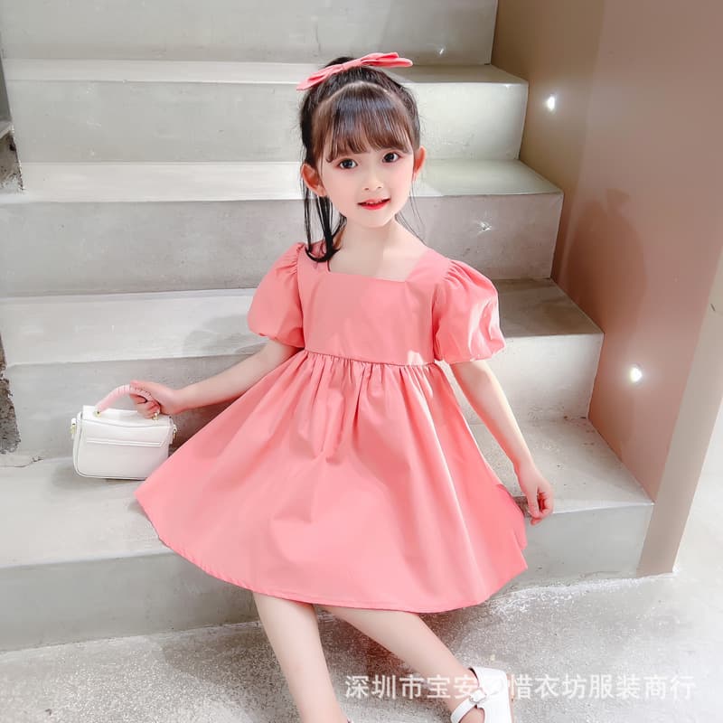 Girls' Summer Dress 2025 New Children's Bubble Sleeve Princess Dress French Square Neck Baby Cotton Dress