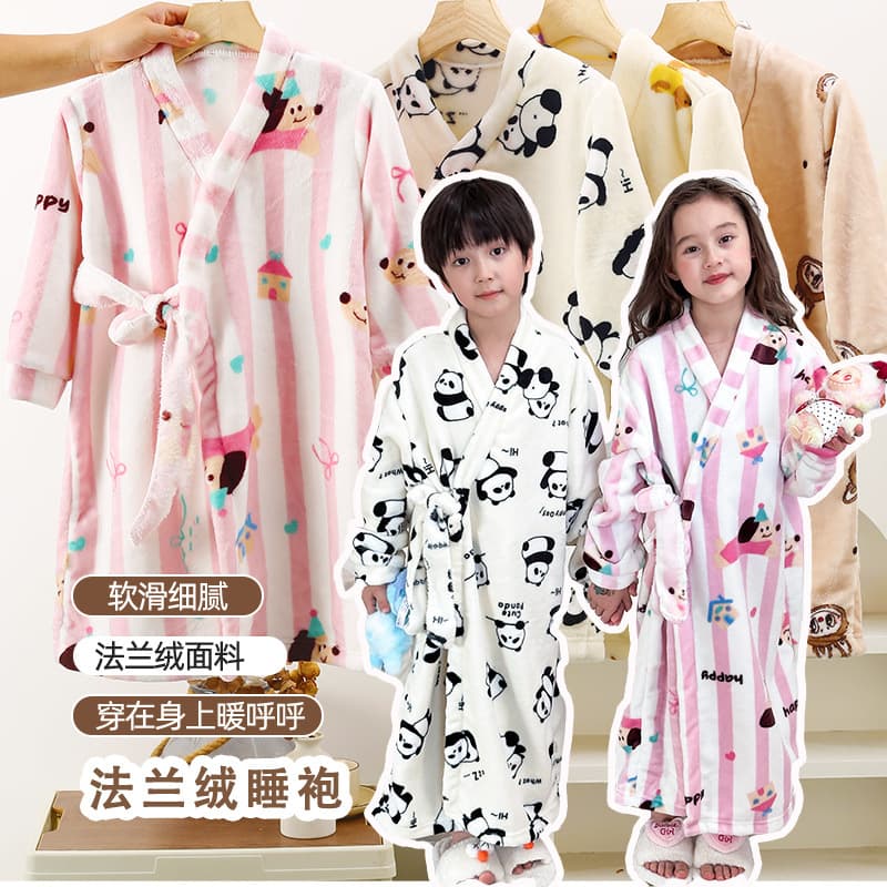 25 Autumn/Winter Children's Flannel Warm Cartoon One-Piece Tie-Waist Robe Pajamas, Large Kids Thickened Bathrobe Towel