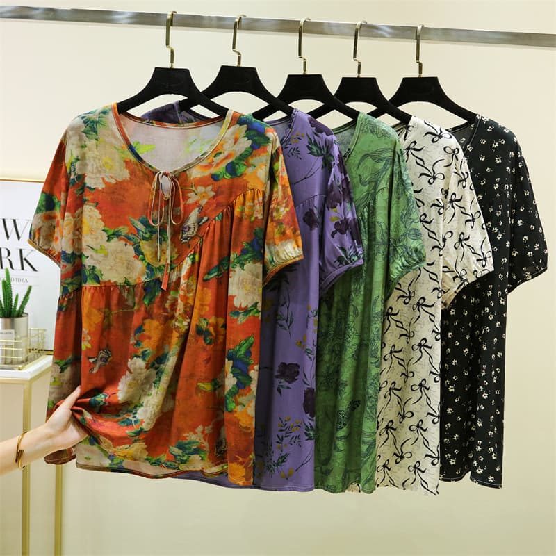 Cotton silk short-sleeved T-shirt women's printed home wear summer thin artificial cotton cool loose floral top