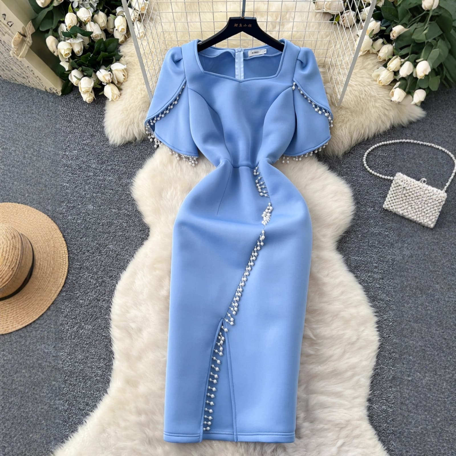 Cross-border European and American Evening Dress Women 2025 Spring High-end Beaded Fringe Square Neck Short Sleeve Waist-Hugging Slit Dress