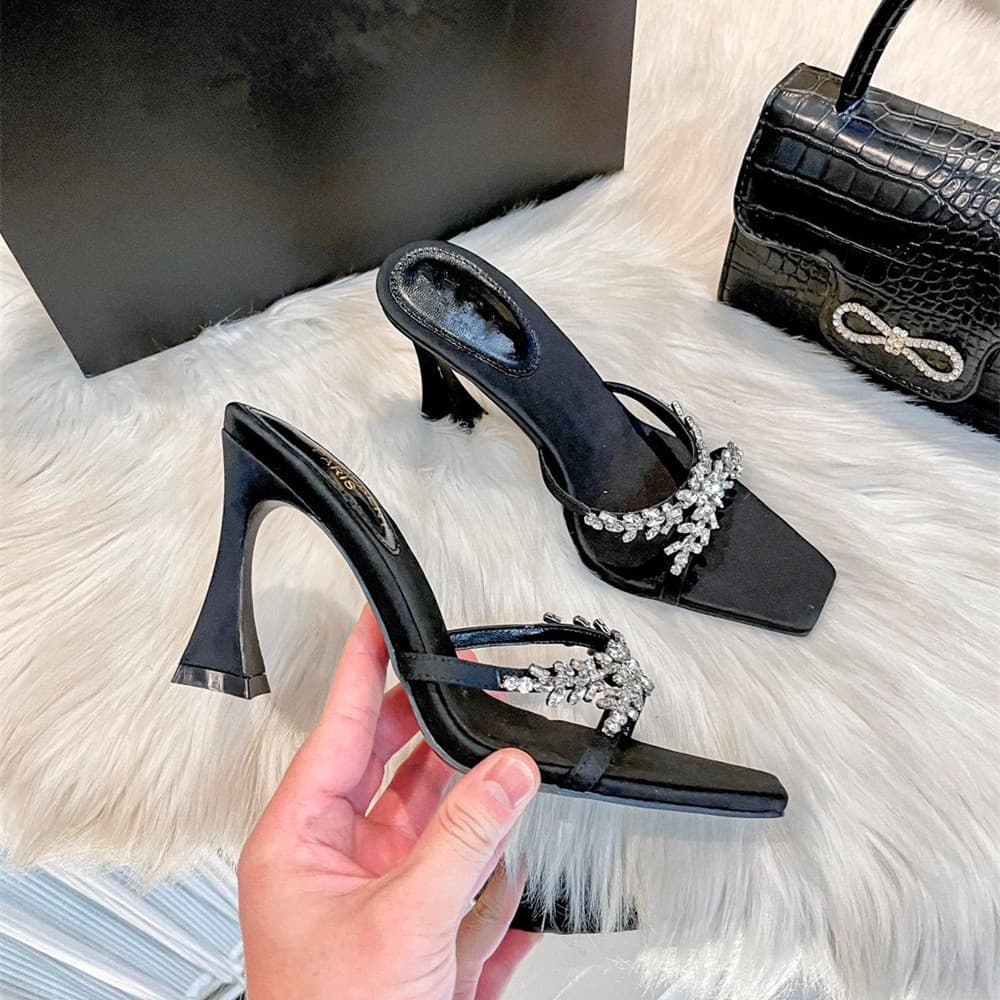 Dongguan Houjie 2025 Summer High Heel Cross Rhinestone Square Toe Open Toe Silk Thin Heel High Heel Sandals Slippers Women