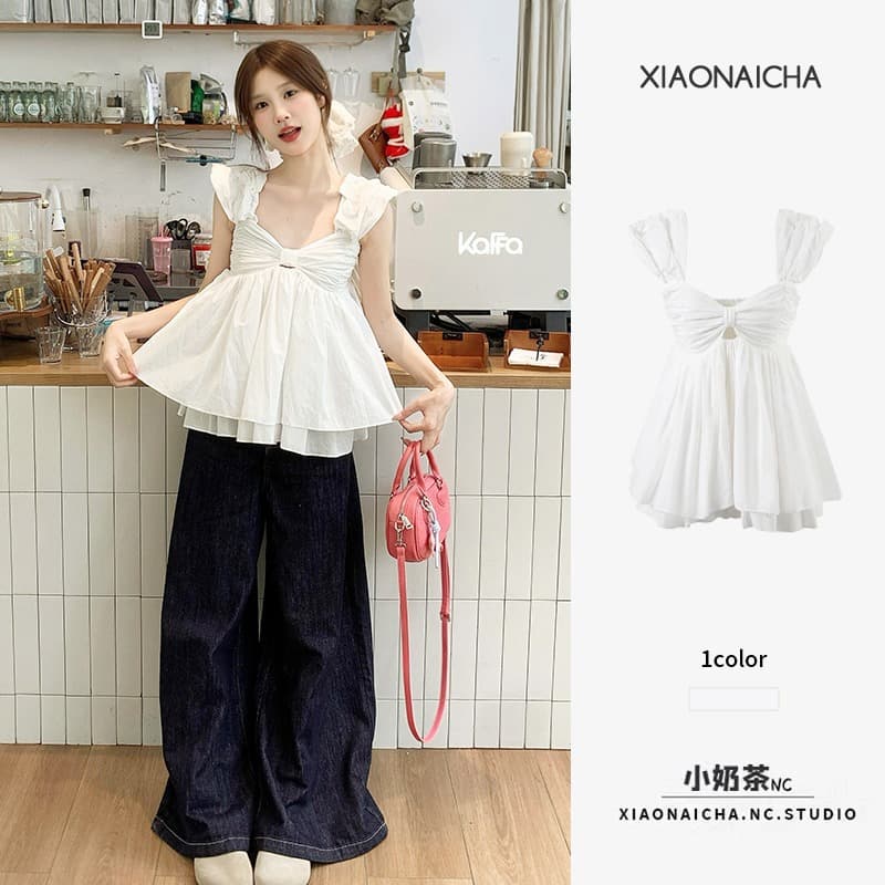 Color One-Shoulder Off-Shoulder Bow Strap Vest Top Women 2025 New Design Puffy Hem Sleeveless Blouse