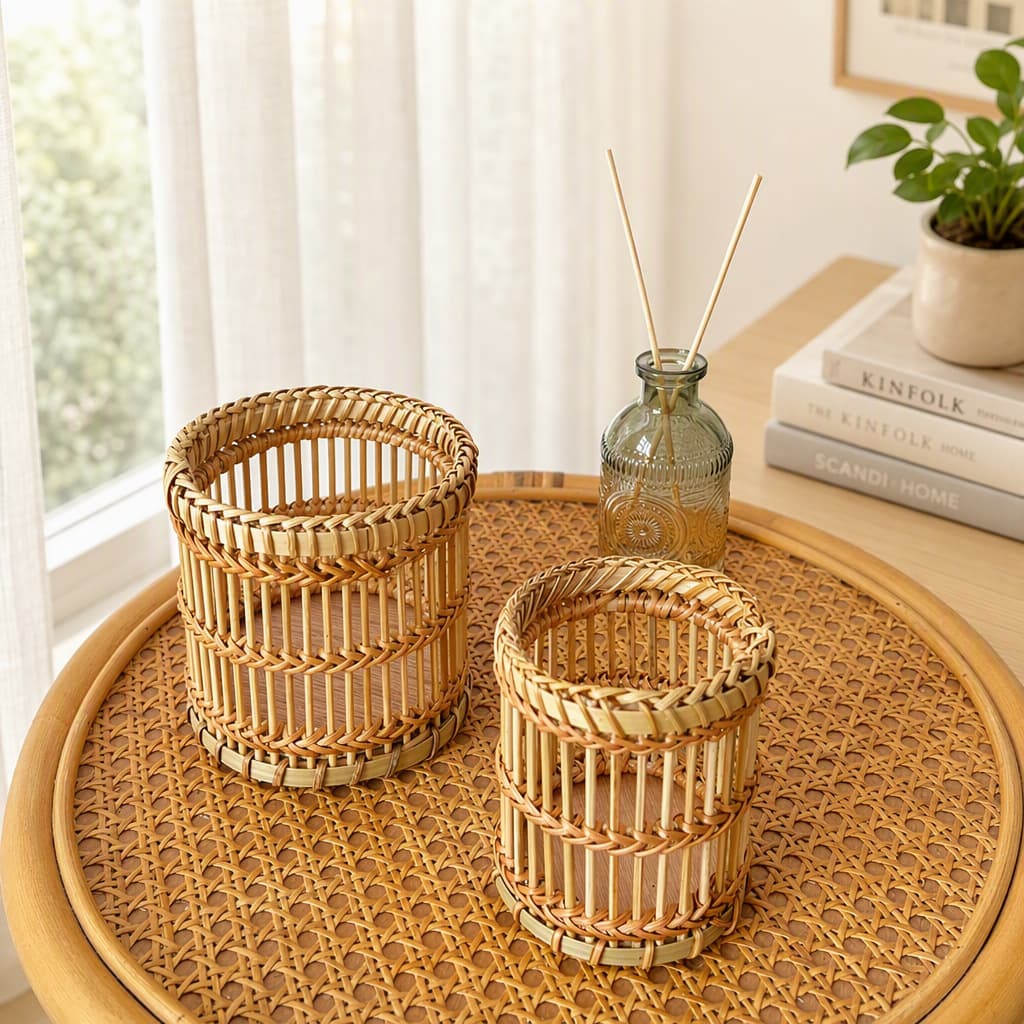Trade ins simple round tray living room entrance cosmetics pencil sundries desktop bamboo and rattan storage tube