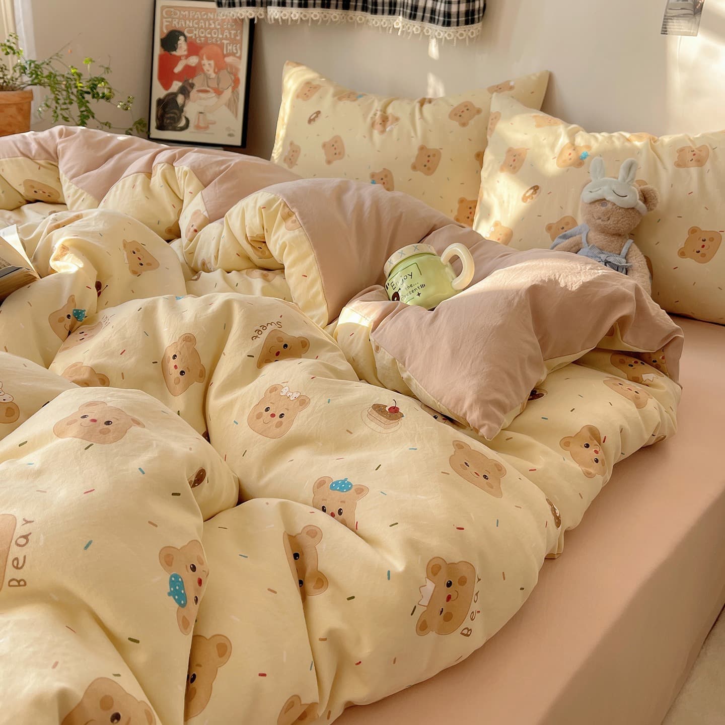 Class A Washed Cotton Bedding Set 4-Piece Sheet Cartoon Fresh 3-Piece Soft Duvet Cover Cute for Women