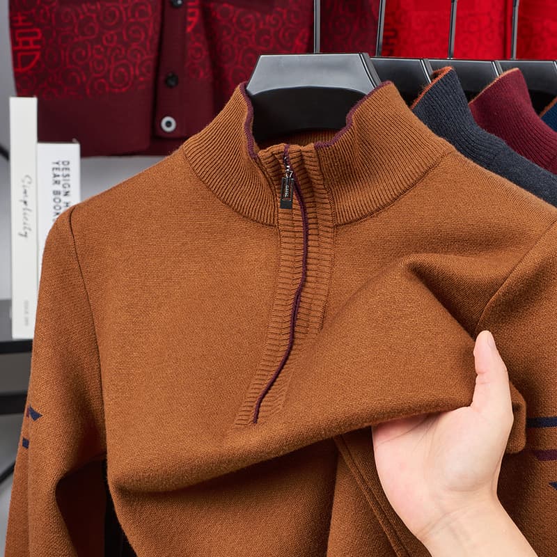 Genuine Wool Sweater Men's Winter Zippered Collar Middle-Aged Thickened Warmth Loose Casual Base Layer Knitwear Dad Outfit
