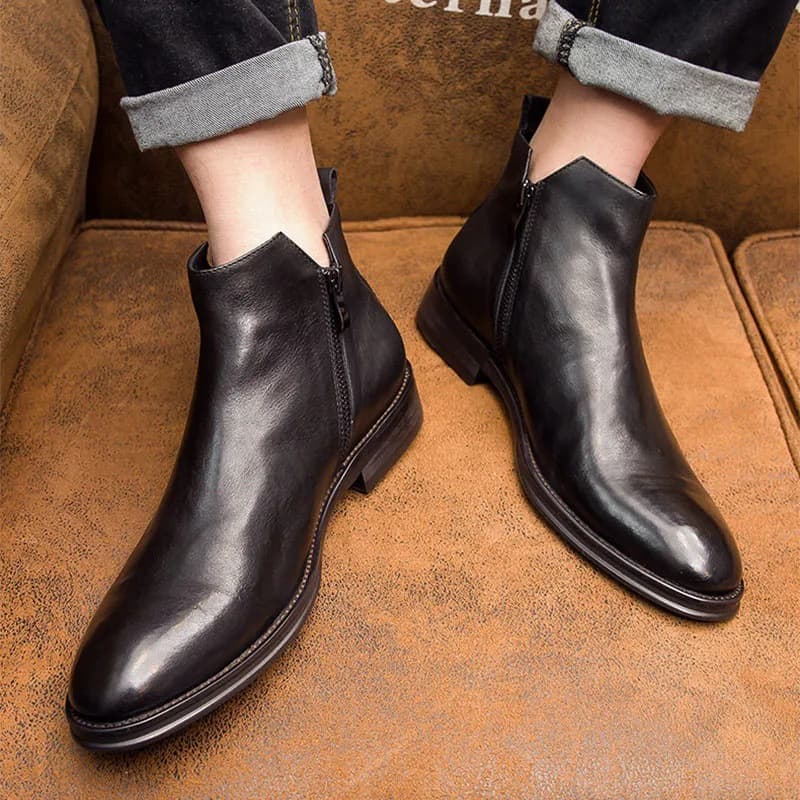2025 Spring/Autumn New Men's Chelsea Boots High-Top Leather Boots Men's Pointed Toe British Style Mid-Top Boots Slip-on