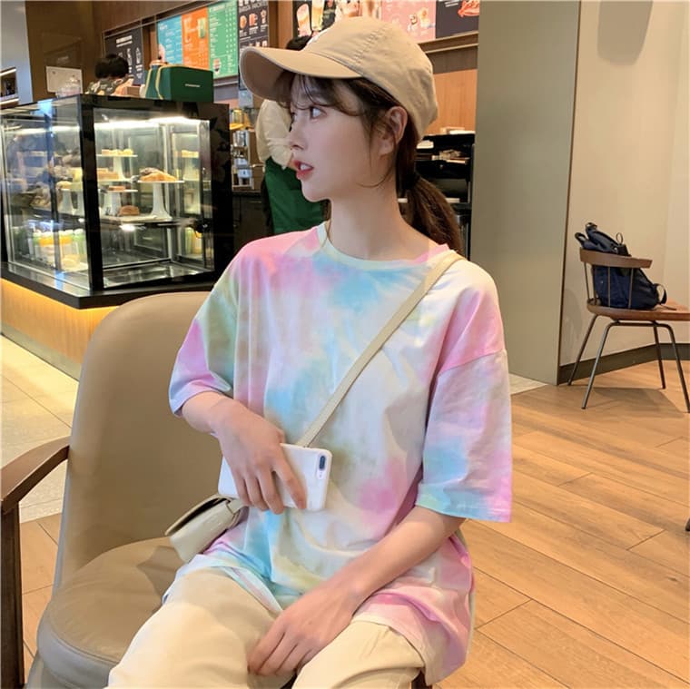Southeast Asian Tie-Dye T-Shirt Women's 2023 Early Spring Korean Style Short-Sleeved Printed T-Shirt Students Loose Large Size Women's Clothing