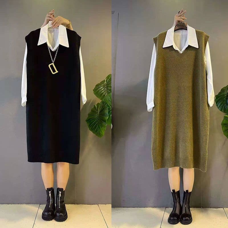 New Korean-style plus-size, youthful, fashionable, and slimming knitted long vest shirt for autumn and winter. Suitable for plus-size women.
