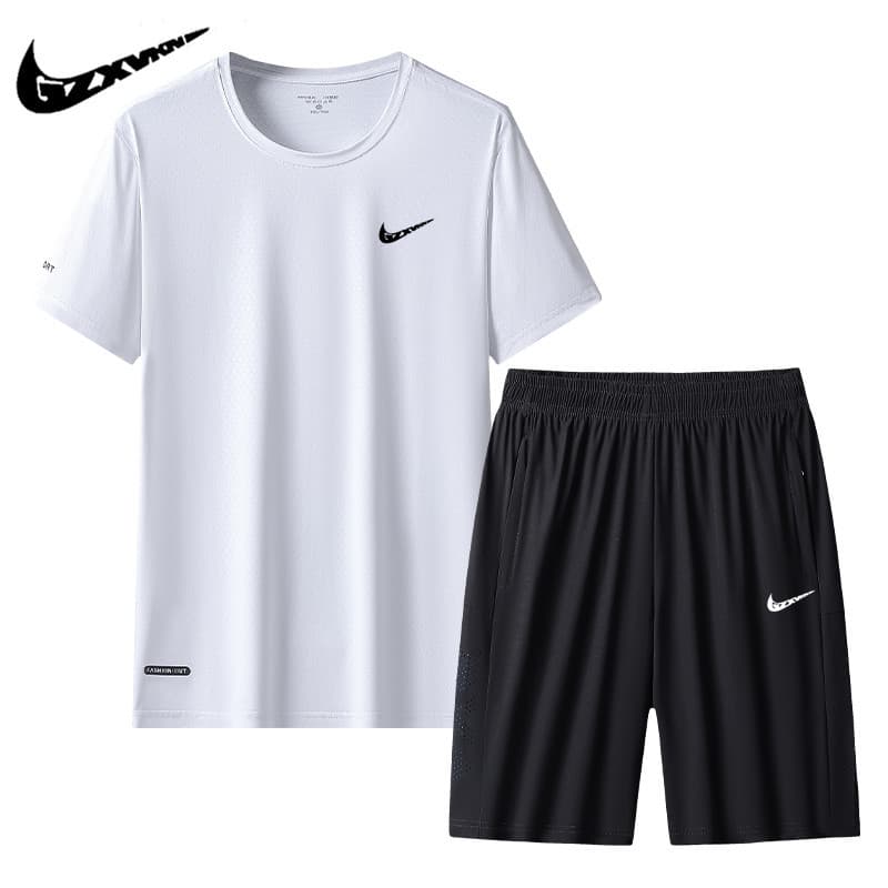 Ice Silk Set Men's New Season Short Sleeve T-Shirt and Shorts Casual Set Trendy Fitness Running Sportswear
