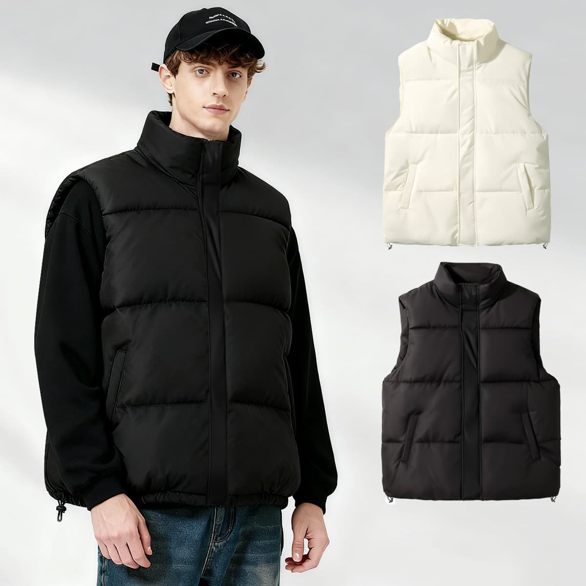 Men's Vest Cotton Padded Jacket Autumn Winter Stand Collar Warm Plain Loose Casual Sports Outerwear