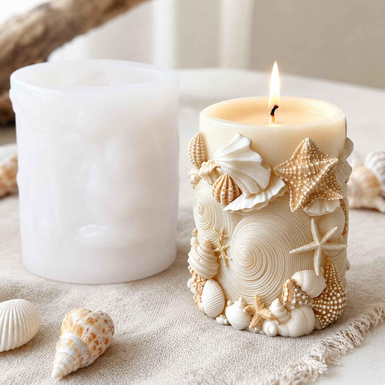 Ocean Shell Starfish Cylinder Candle Silicone Mold 3D Relief Conch Scented Candle Mold
