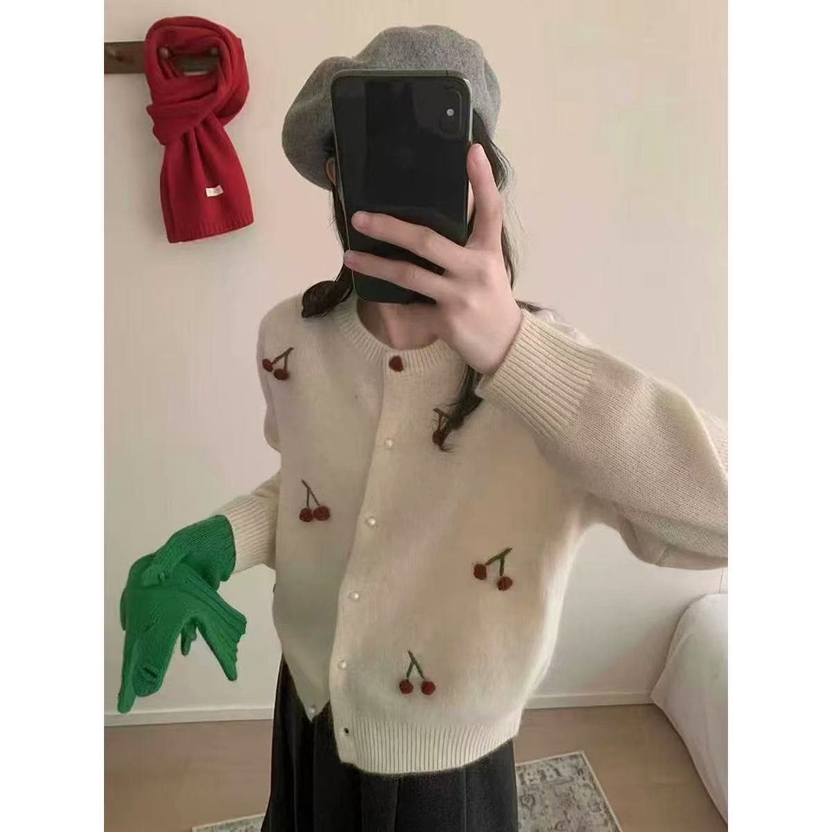 Korean Sweet Cherry Embroidery Knit Cardigan Women's Autumn Winter New Design Sweater Coat Versatile Age-Reducing Top