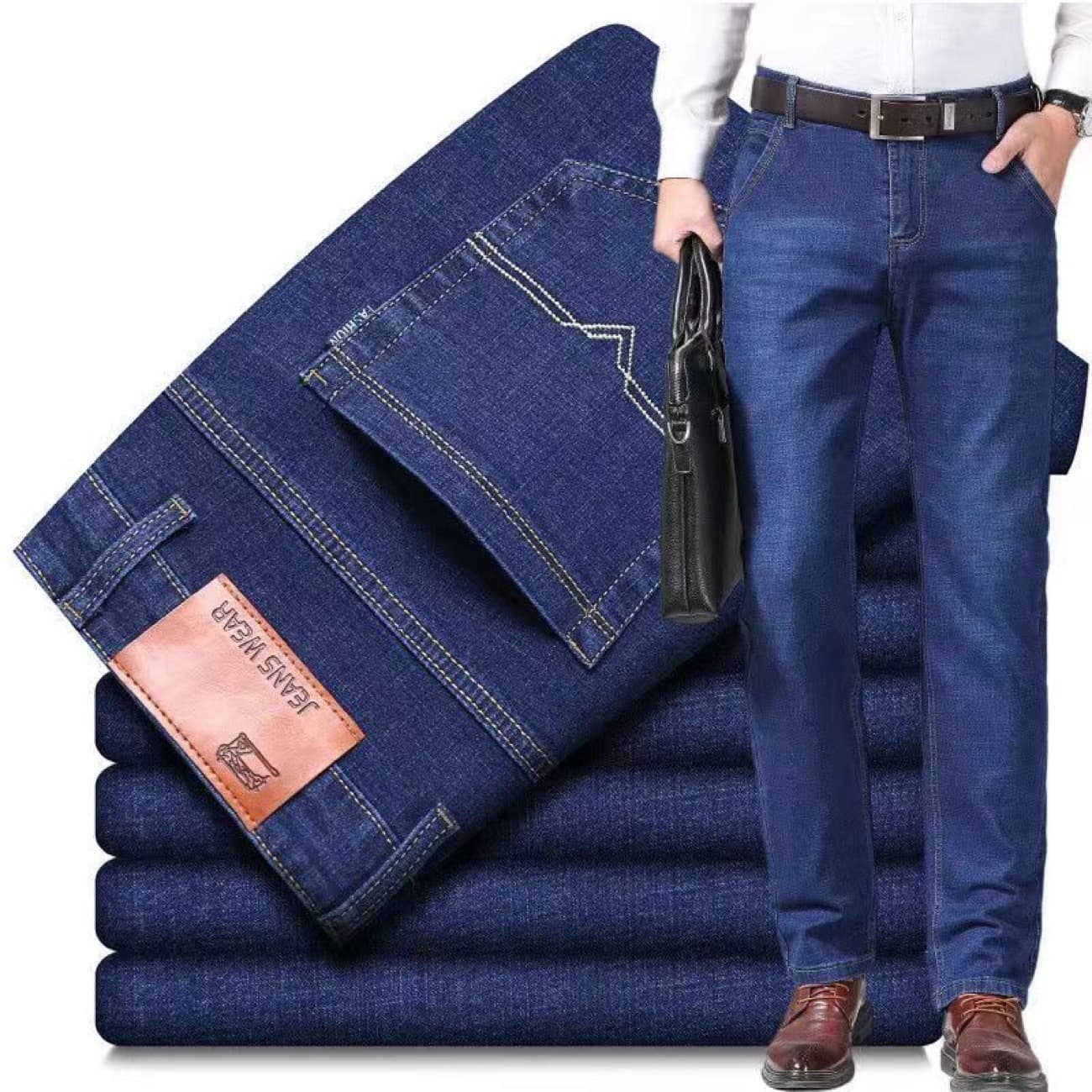 Spring and Autumn Thickened High-Stretch Men's Jeans, Business Straight-Leg Loose Elastic Casual Pants, Men's Pants, Popular on E-Commerce Live Broadcasts