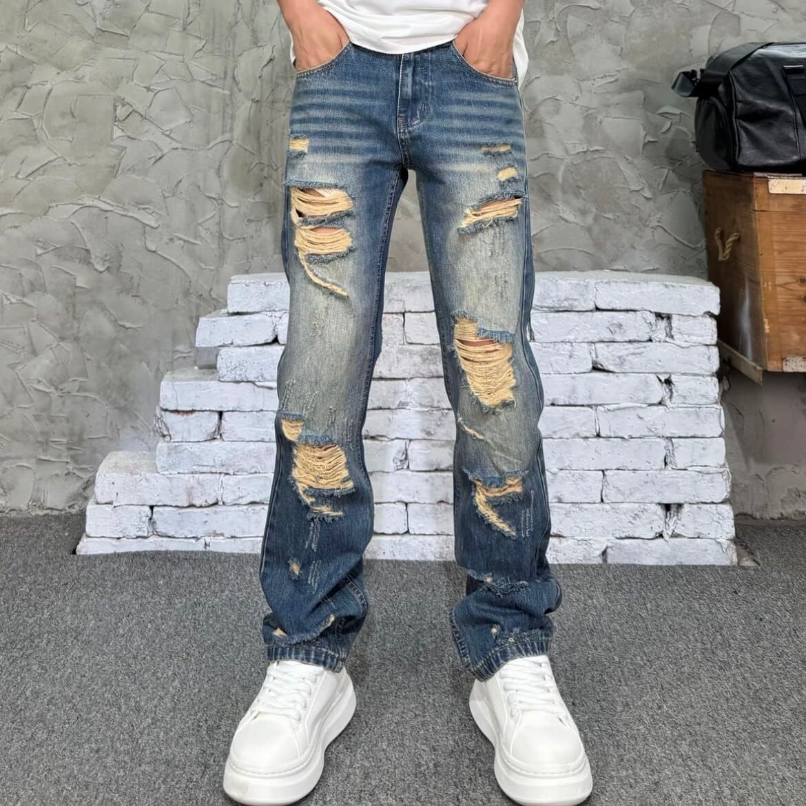 Spring/Summer Design Simple Ripped Skinny Long Pants Men's American Retro Fashion Versatile Loose Casual Jeans