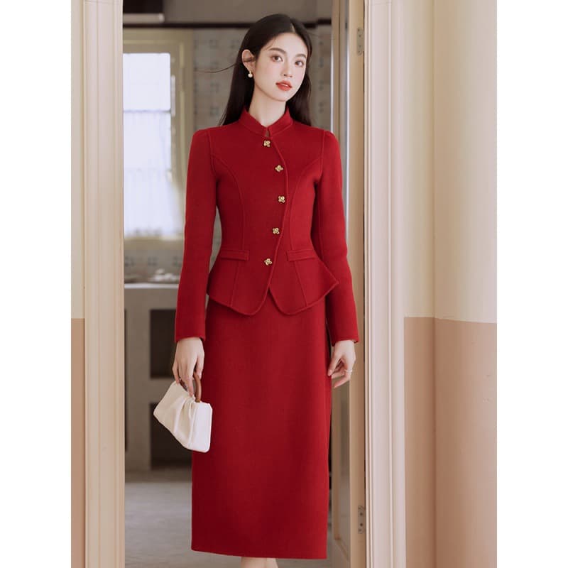 Real photo in-stock new Chinese-style jacket + half-skirt set.
