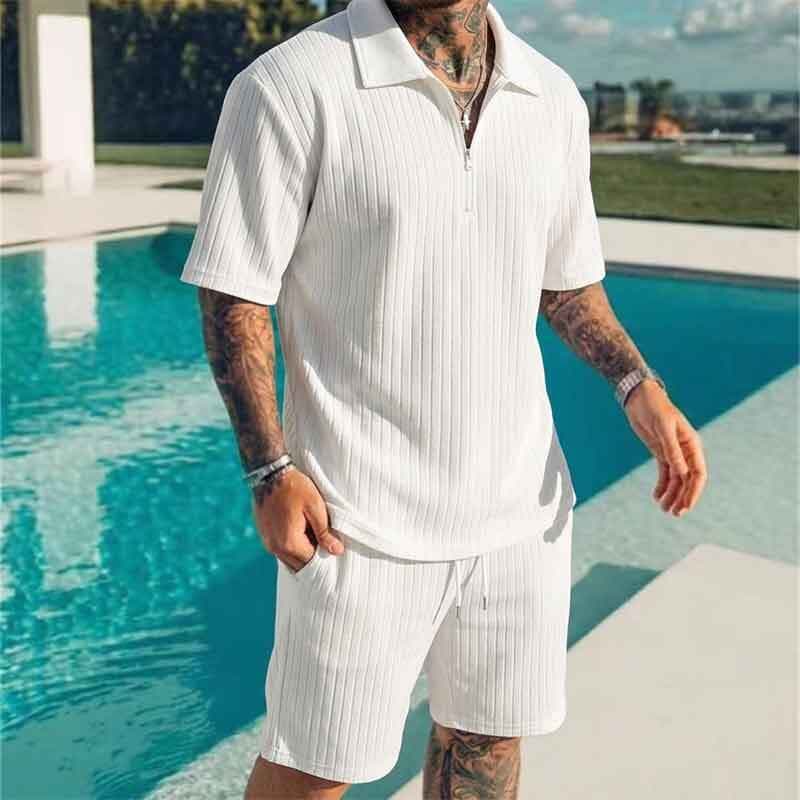 2026 Summer Cross-border Amazon 3D Men's Set Men's Stand Collar Polo Shirt Shorts Trendy Loose Short Set for Men