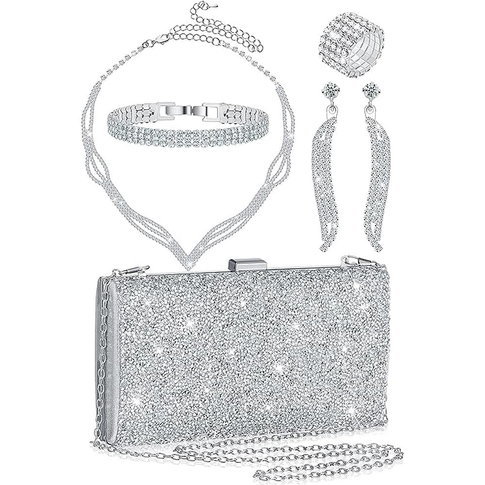 Southeast Asian Fashion Bride Light Luxury Five-Piece Set: Brilliant Necklace, Ring, Bracelet, Earrings, Dinner Evening Bag