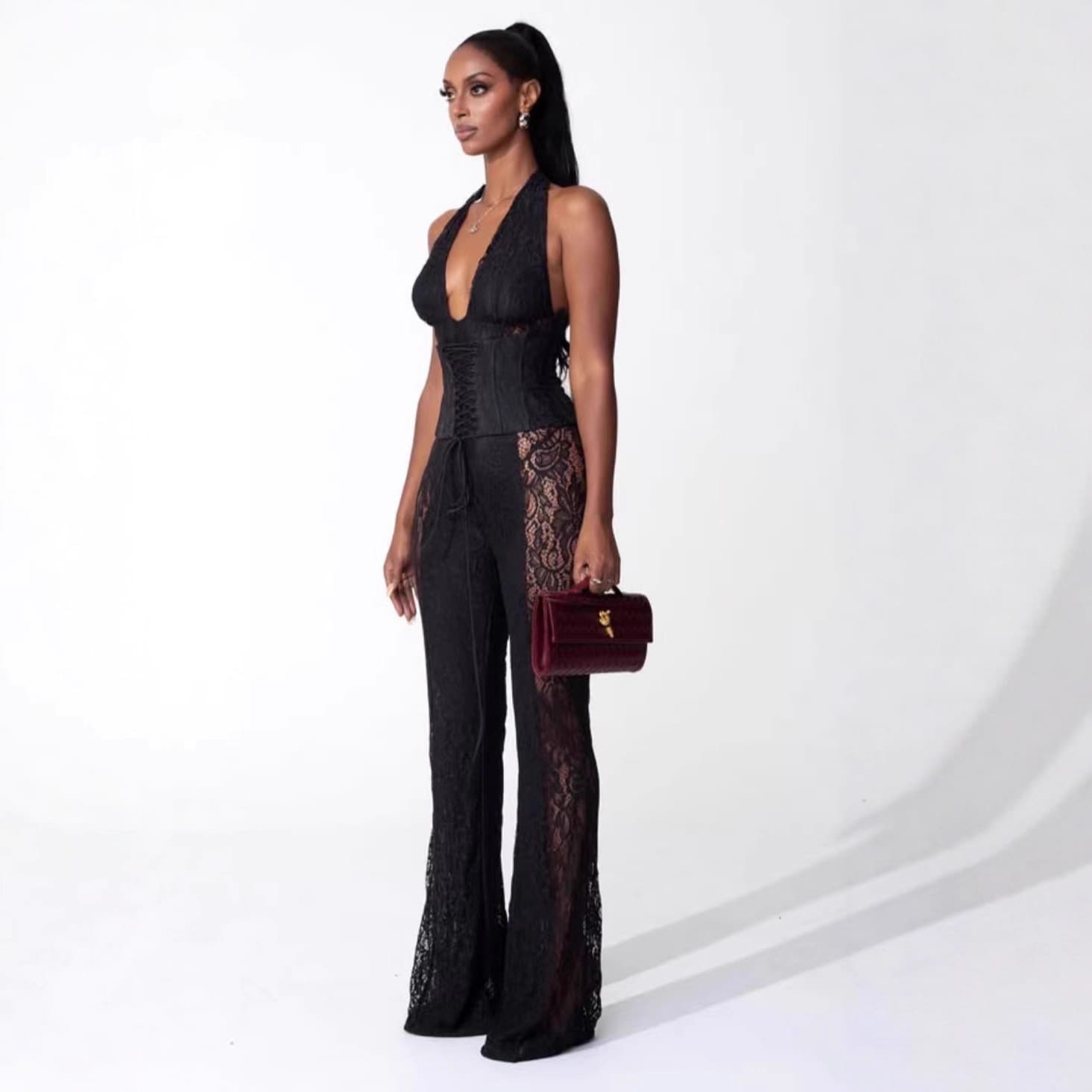 Sdm128 Elegant Deep V-Neck Black Lace Halter-Neck Jumpsuit, Hot Girl Style Tight Casual Pants, High-Quality New Product