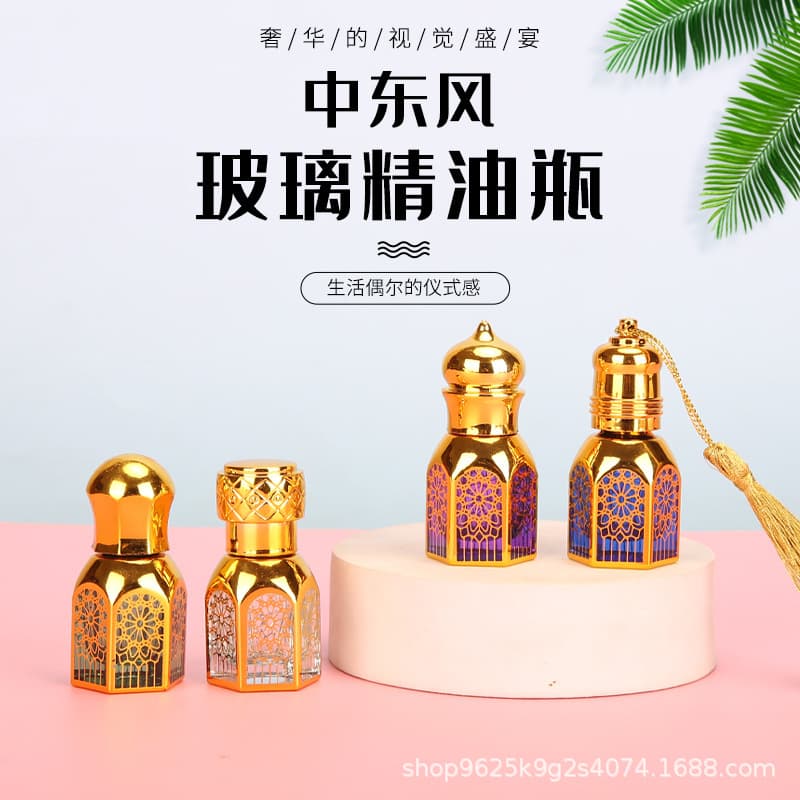 Cross-Border Middle Eastern Style Electroplated Essential Oil Bottle, Colored Glass Refill Bottle, Massage Essential Oil Roller Ball Bottle, Cosmetic Set Bottle