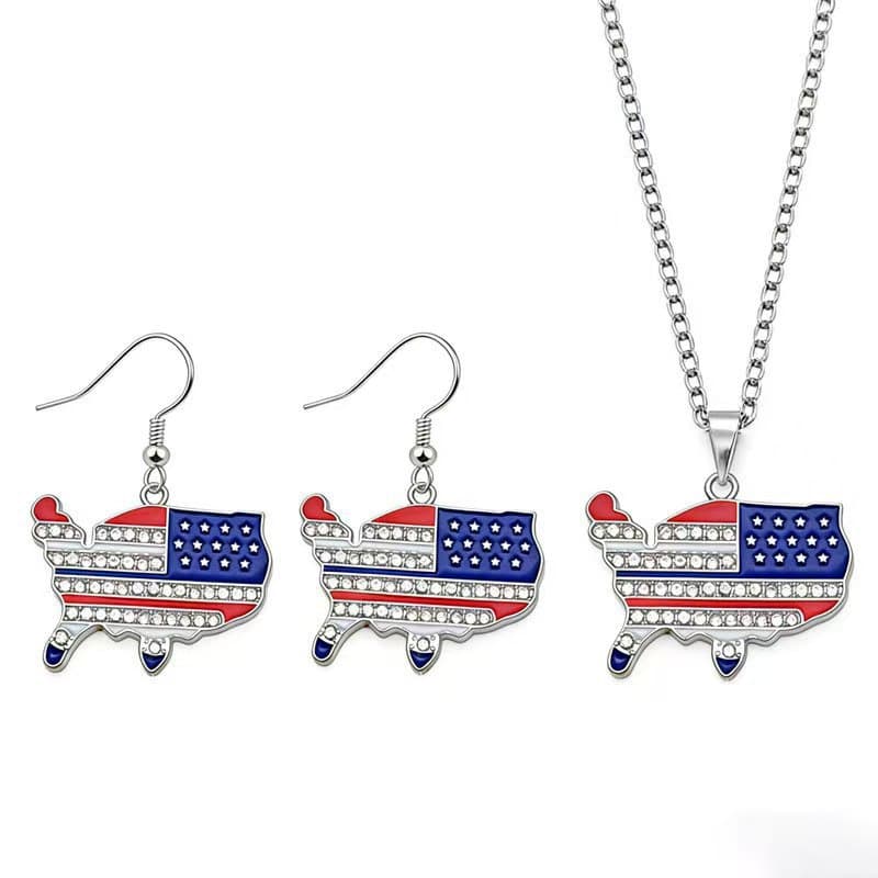 Amazon New USA Flag Necklace American Independence Day Memorial Pendant Hip Hop Rhinestone Necklace Wholesale