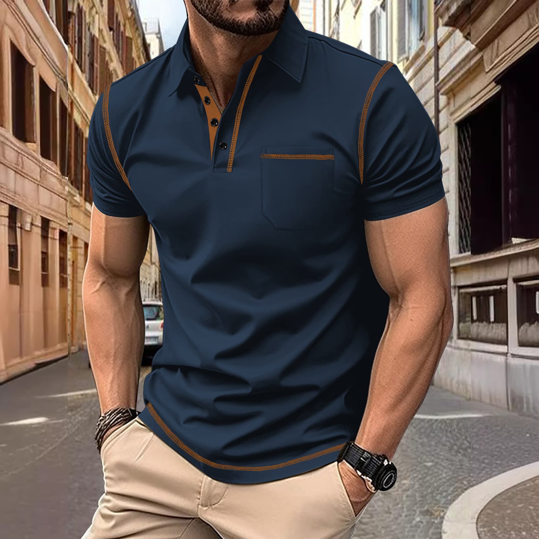 2024 Summer European and American Men's Short Sleeve Polo Shirt Export Men's Turn-down Collar T-shirt Cross-border Top Five-line Polo Men's T