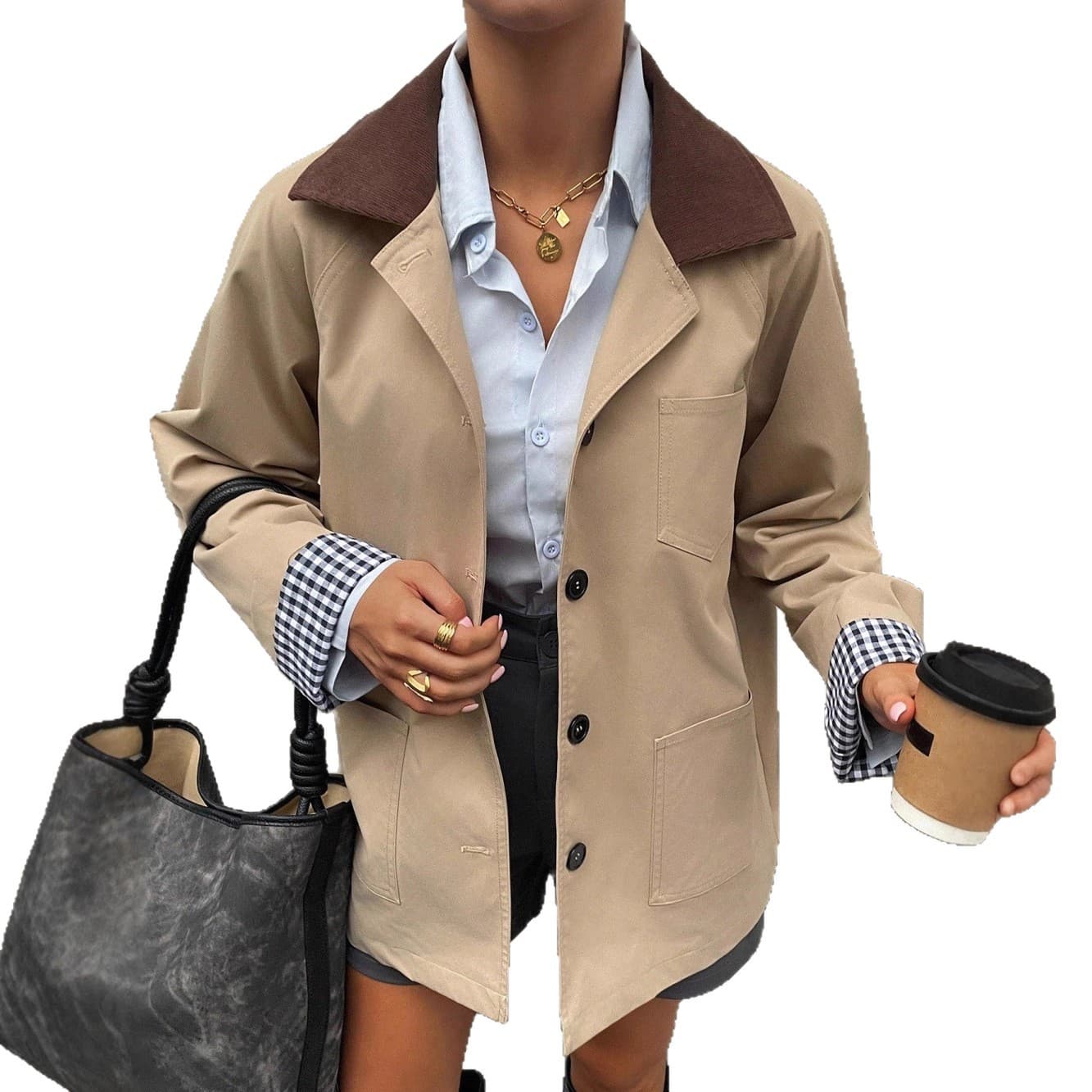 European and American Women's Casual Elegant Contrast Pocket Trench Coat Jacket for Amazon Cross-Border E-commerce
