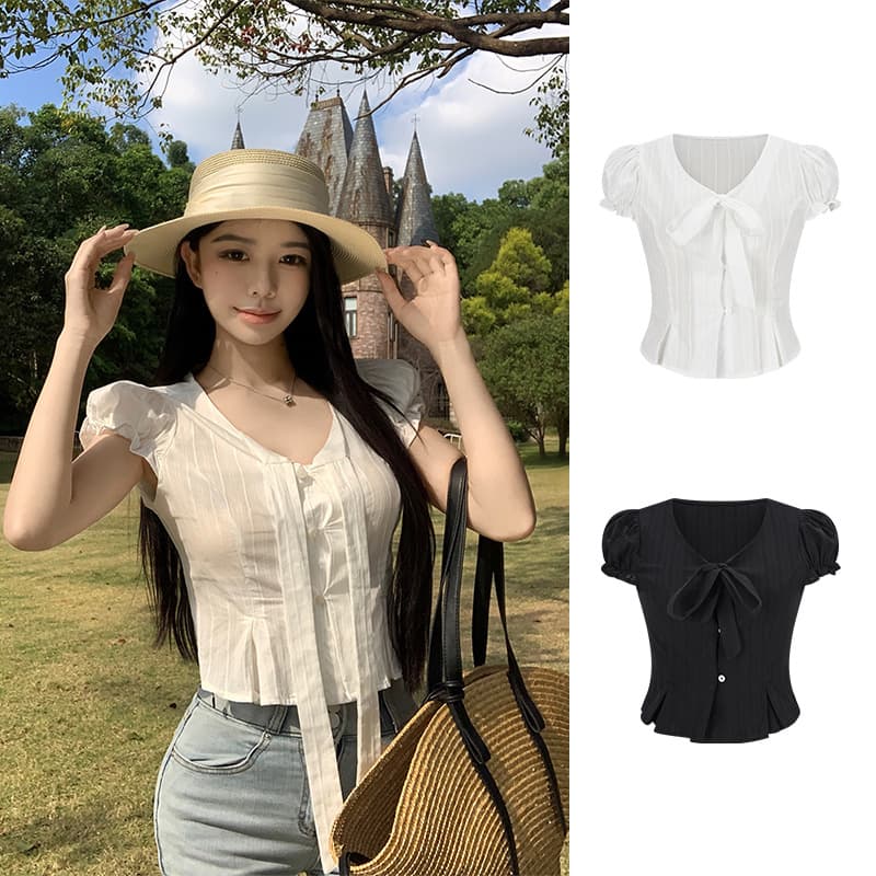 White Bubble Sleeve Short Sleeve Blouse for Women Petite Summer Korean Chic Tie V-Neck Waist-Cinching Crop Top