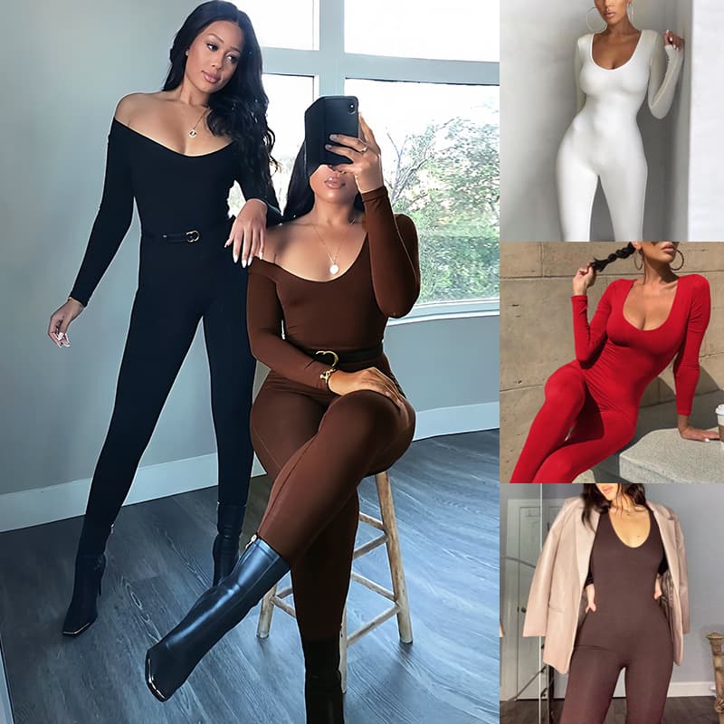 2024 Spring Autumn European American Export New Sexy Tight Long-Sleeved High V-Neck Color Sports Fitness Jumpsuit for Women