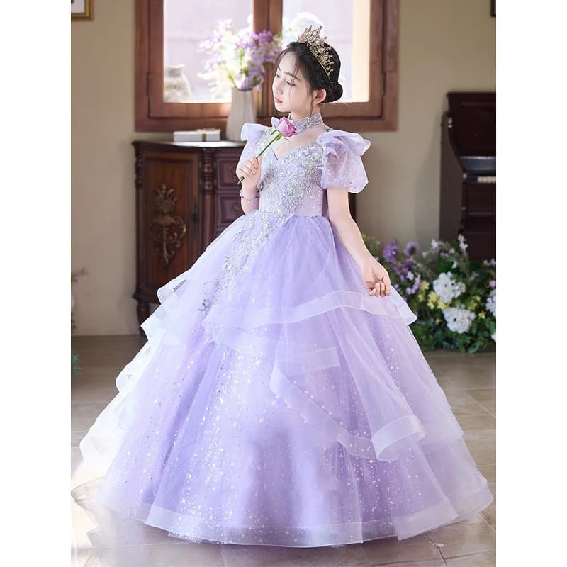 Children's Purple Princess Dress Flower Girl Wedding Host Evening Gown Girl Birthday Party Piano Performance Tutu Dress