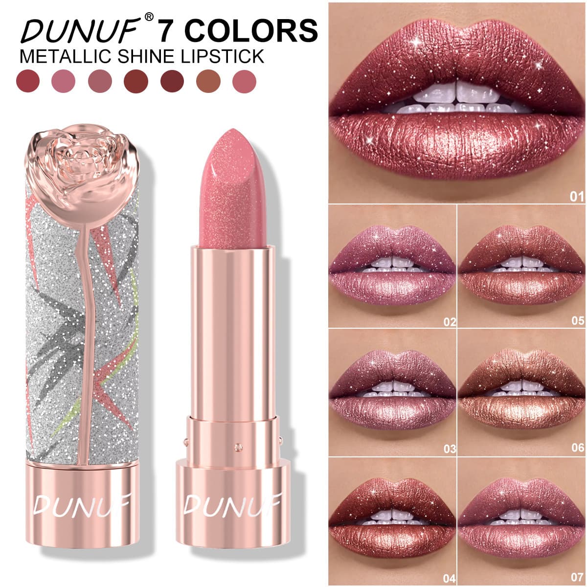 DUNUF 7-Color Metallic Lipstick Pearl Gloss Gold Shimmer 3D Sparkling Little Gold Flower Lipstick