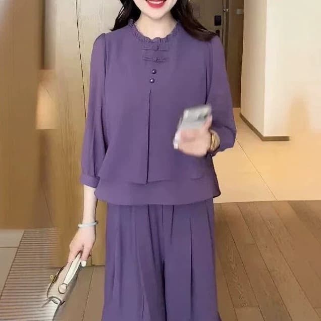 New Chinese Style Fashion Suit for Women 2026 Spring Summer New Loose Fitting Slimming Seven-Sleeve Chiffon Top Wide-Leg Pants Two-Piece Set