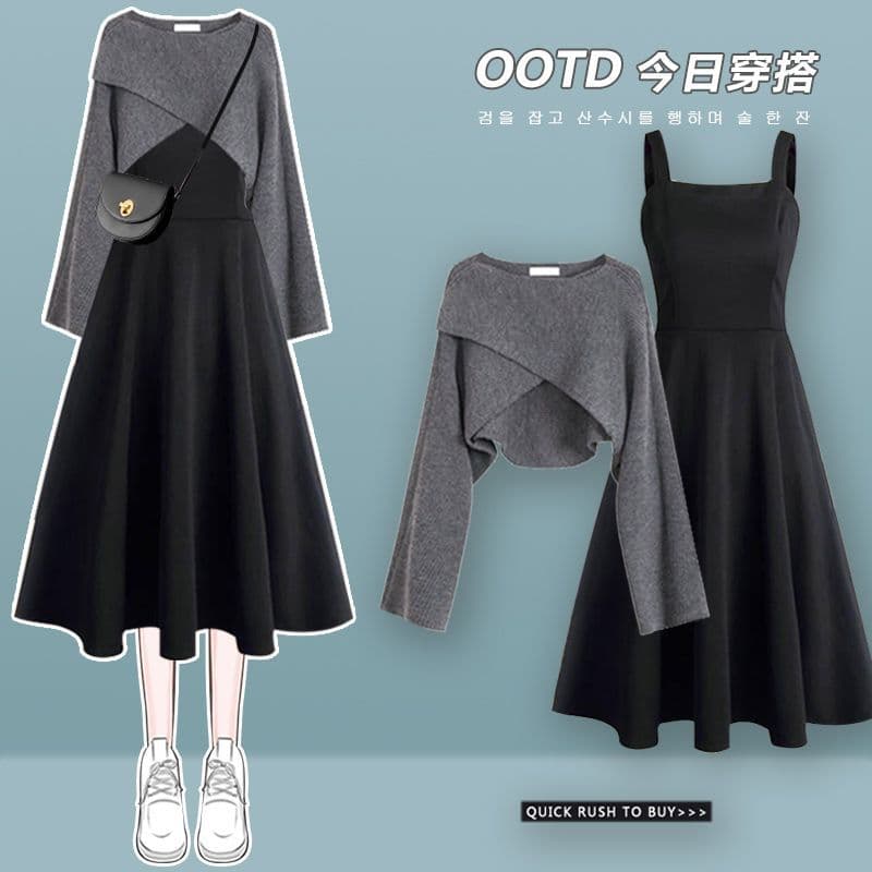 Women's Autumn/Winter Outfit Set New Style Youthful and Chic Knitted Sweater with Loose Slimming Dress Two-Piece