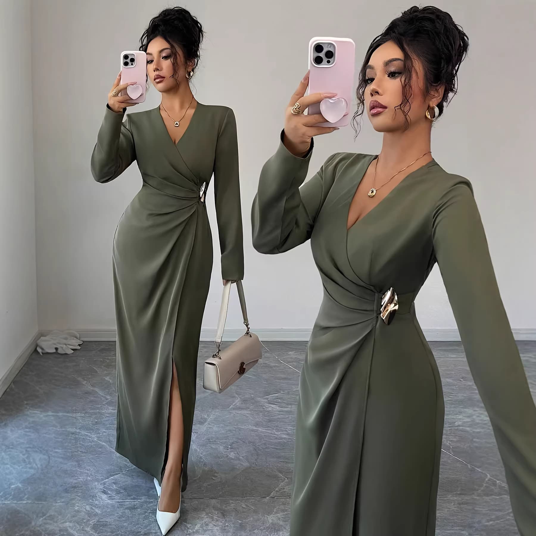 Women's Autumn/Winter Solid Elegant V-Neck Pleated Waist Slit Design Metal Button Decoration Long Sleeve Dress