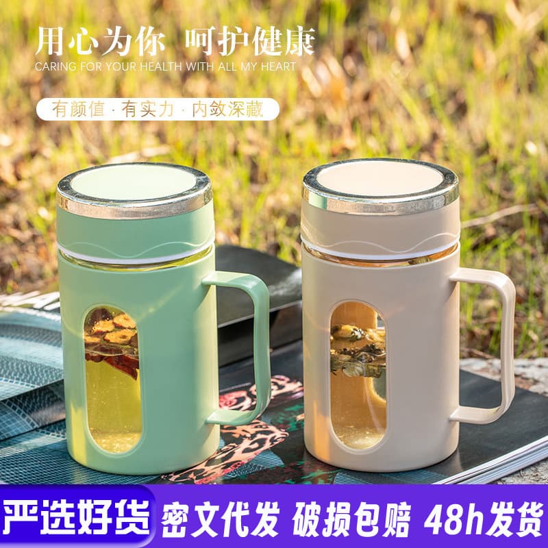Double Layer Insulated Plastic Coated Glass Tea Cup with Handle for Office Business Tea Brewing Eco-Friendly Gift Cup