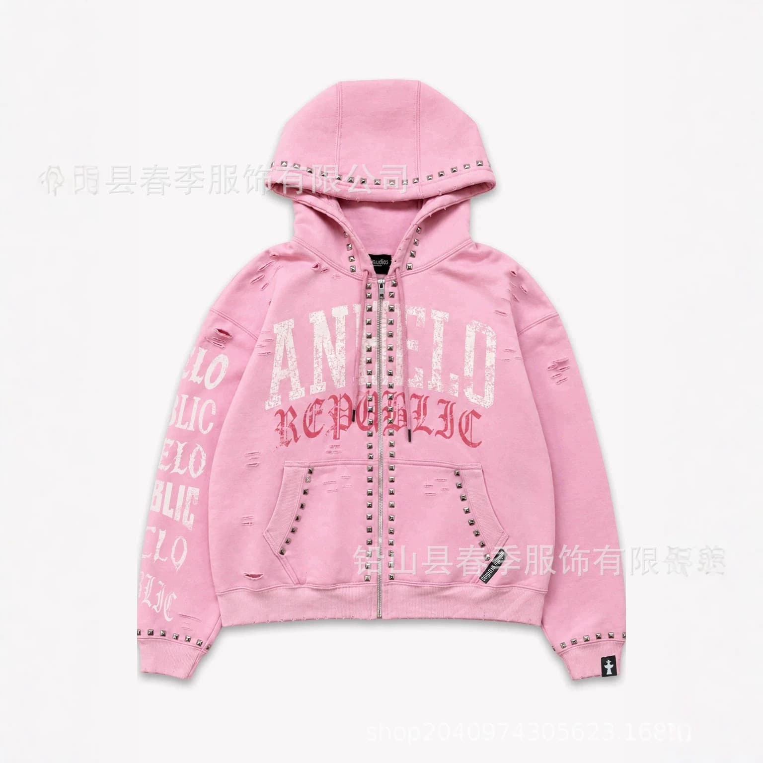 American Vintage Distressed Rivet Short Zip Hoodie Retro English Print Loose Sweet Cool Top