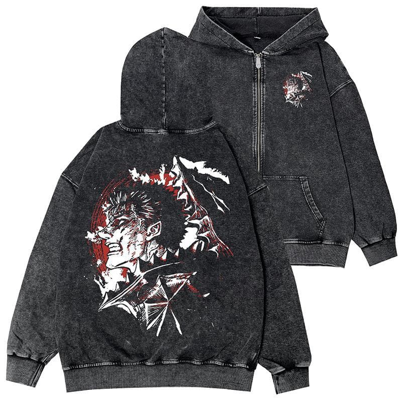 Berserk Vintage Washed Distressed Hoodie Zip-Up Jacket Unisex Streetwear