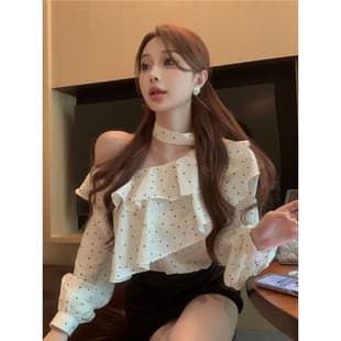 2025 Spring French Gentle Style Off-Shoulder Polka Dot Ruffled Blouse Women's Summer Niche Versatile Stylish Top