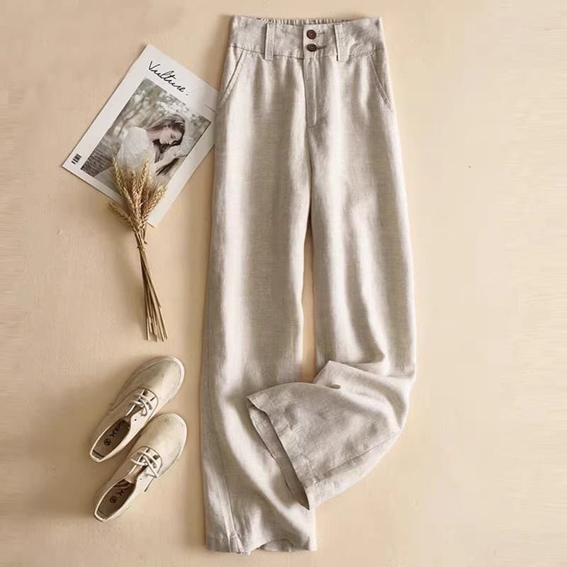 Italian Export Surplus Women's Clothing Cut-Label Overstock Linen Wide-Leg Pants Women High Waist Drapey Cotton Linen Long Trousers