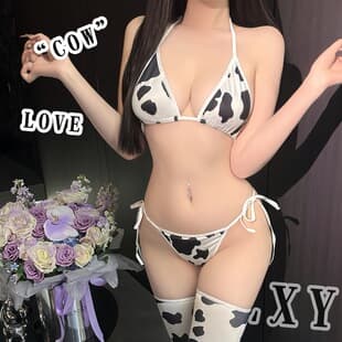Sexy Cosplay Cow Print 3-Point Bikini Bra with Panties Tie-Up Plus Size Cross-Border 4124